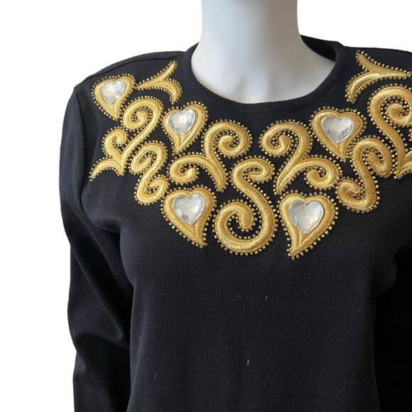 Vintage 1980s Outlander Black Gold Jeweled Heart Embroidered Sweater, L NWT - Picture 3 of 7